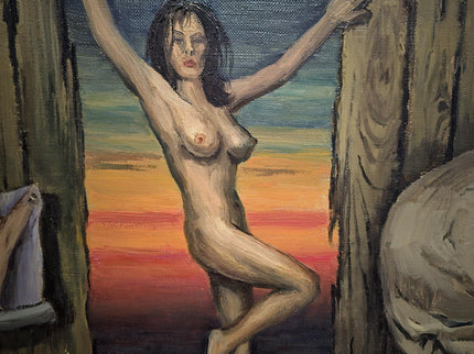 Large Vintage Surrealist Oil Painting: Nude Woman with Skull, Signed Belgian Art