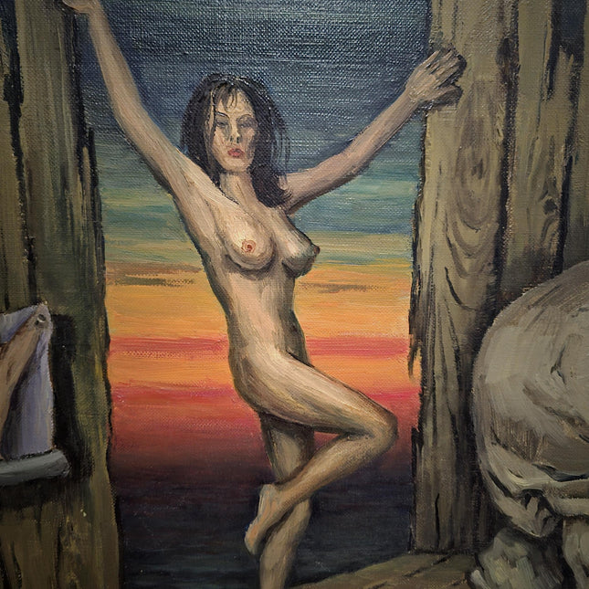 Large Vintage Surrealist Oil Painting: Nude Woman with Skull, Signed Belgian Art