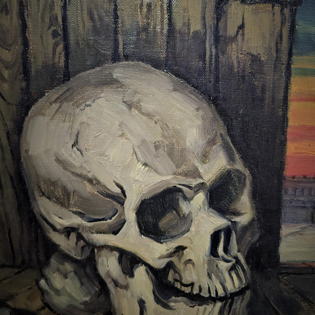 Large Vintage Surrealist Oil Painting: Nude Woman with Skull, Signed Belgian Art