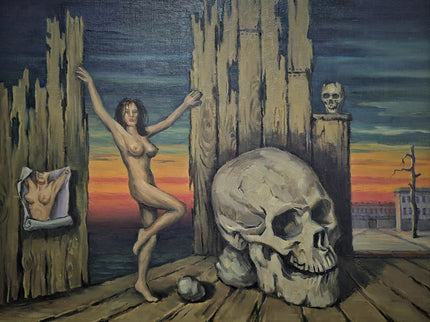 Large Vintage Surrealist Oil Painting: Nude Woman with Skull, Signed Belgian Art