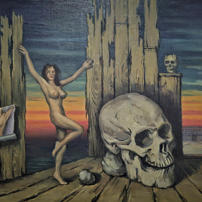 Large Vintage Surrealist Oil Painting: Nude Woman with Skull, Signed Belgian Art