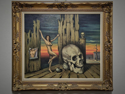 Large Vintage Surrealist Oil Painting: Nude Woman with Skull, Signed Belgian Art