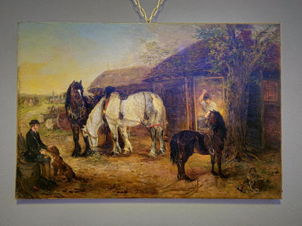 Antique British Victorian Rural Landscape Oil Painting, Original Horse Barn Signed Painting, Rustic Dark Muted Pastoral Equestrian Farm Art