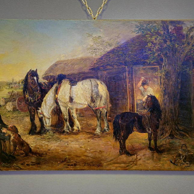 Antique British Victorian Rural Landscape Oil Painting, Original Horse Barn Signed Painting, Rustic Dark Muted Pastoral Equestrian Farm Art