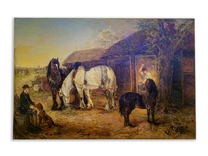 Antique British Victorian Rural Landscape Oil Painting, Original Horse Barn Signed Painting, Rustic Dark Muted Pastoral Equestrian Farm Art