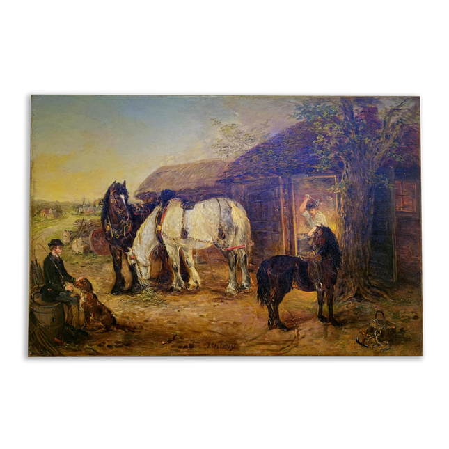 Antique British Victorian Rural Landscape Oil Painting, Original Horse Barn Signed Painting, Rustic Dark Muted Pastoral Equestrian Farm Art