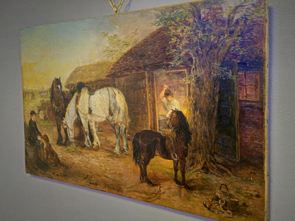 Antique British Victorian Rural Landscape Oil Painting, Original Horse Barn Signed Painting, Rustic Dark Muted Pastoral Equestrian Farm Art