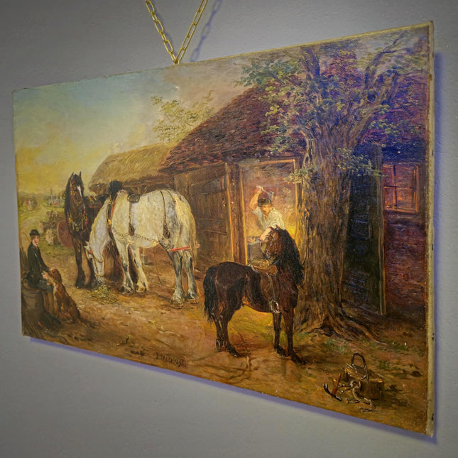 Antique British Victorian Rural Landscape Oil Painting, Original Horse Barn Signed Painting, Rustic Dark Muted Pastoral Equestrian Farm Art