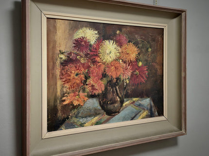 Vintage Large Floral Oil Painting, Dark Moody Bouquet, Framed Wall Art