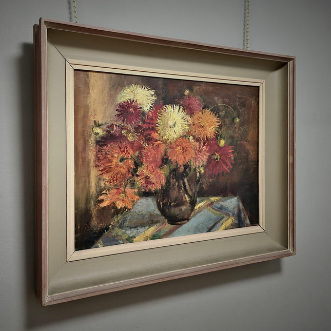 Vintage Large Floral Oil Painting, Dark Moody Bouquet, Framed Wall Art