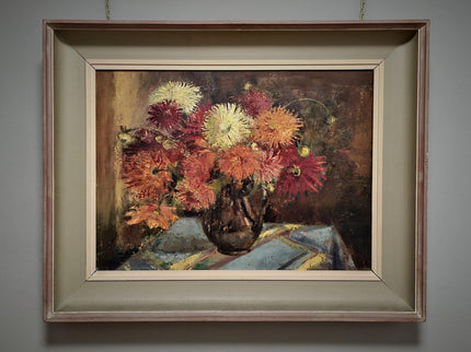 Vintage Large Floral Oil Painting, Dark Moody Bouquet, Framed Wall Art