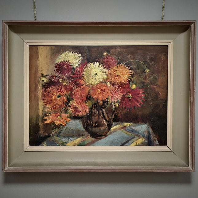 Vintage Large Floral Oil Painting, Dark Moody Bouquet, Framed Wall Art