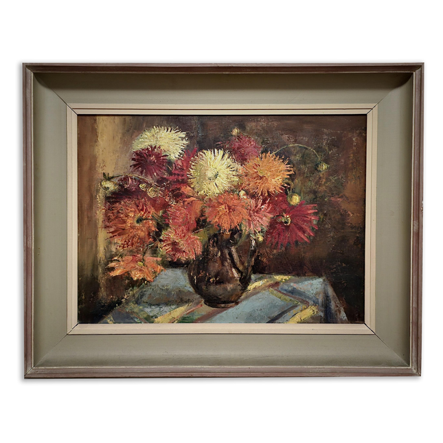 Vintage Large Floral Oil Painting, Dark Moody Bouquet, Framed Wall Art