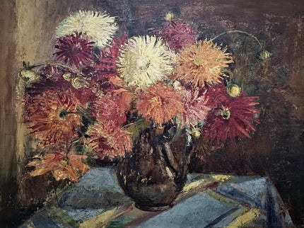 Vintage Large Floral Oil Painting, Dark Moody Bouquet, Framed Wall Art