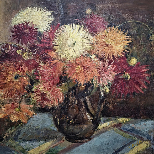 Vintage Large Floral Oil Painting, Dark Moody Bouquet, Framed Wall Art