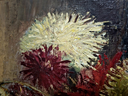 Vintage Large Floral Oil Painting, Dark Moody Bouquet, Framed Wall Art