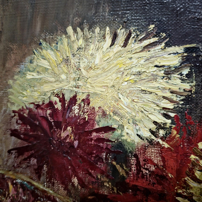 Vintage Large Floral Oil Painting, Dark Moody Bouquet, Framed Wall Art