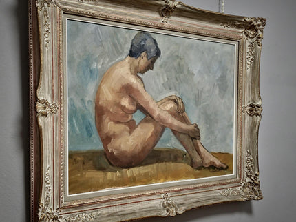 Large Vintage Nude Oil Painting, Framed Belgian Figure Art, 1950s