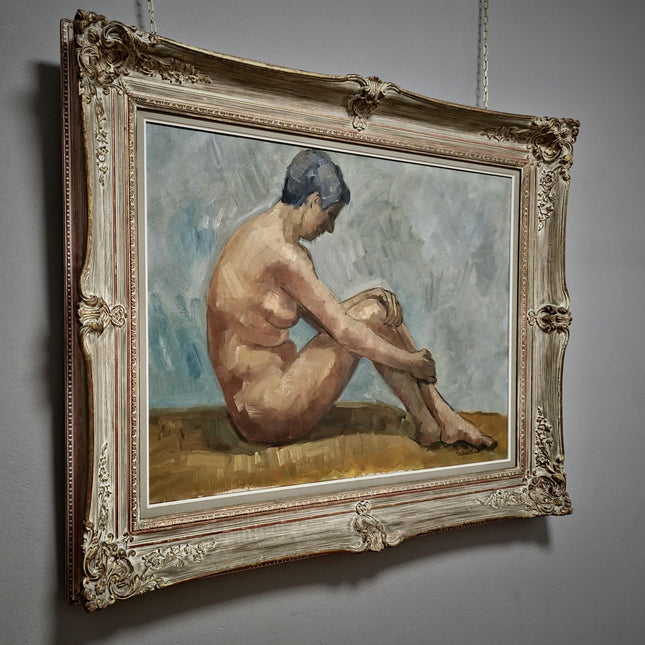 Large Vintage Nude Oil Painting, Framed Belgian Figure Art, 1950s