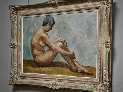 Large Vintage Nude Oil Painting, Framed Belgian Figure Art, 1950s