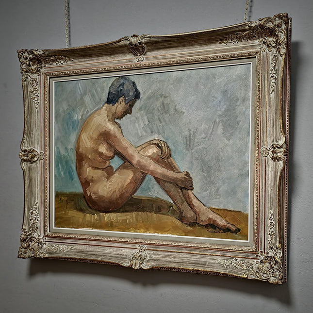 Large Vintage Nude Oil Painting, Framed Belgian Figure Art, 1950s