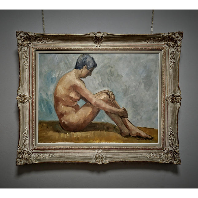 Large Vintage Nude Oil Painting, Framed Belgian Figure Art, 1950s