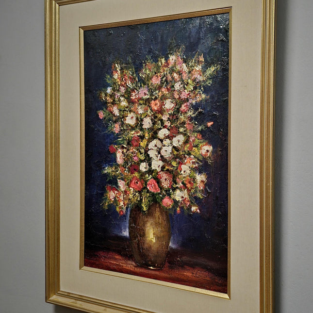 Large Vintage Floral Oil Painting, Dark Moody Impasto Bouquet, Original Artwork, Gold-Framed Rustic Wall Art, Oversized Farmhouse Home Decor