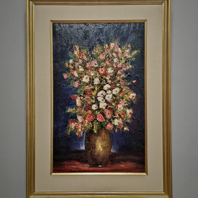 Large Vintage Floral Oil Painting, Dark Moody Impasto Bouquet, Original Artwork, Gold-Framed Rustic Wall Art, Oversized Farmhouse Home Decor