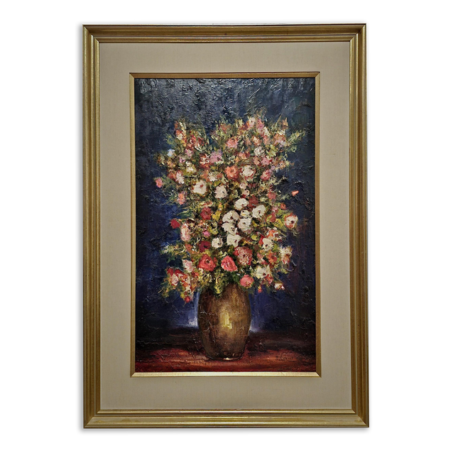 Large Vintage Floral Oil Painting, Dark Moody Impasto Bouquet, Original Artwork, Gold-Framed Rustic Wall Art, Oversized Farmhouse Home Decor