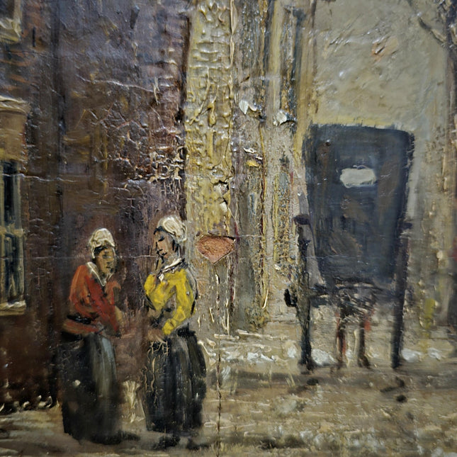Vintage Dutch Streetscape Oil Painting, Signed Gold Framed Original Artwork, Cottagecore Decor, Home Wall Art, Collectible Fine Landscape