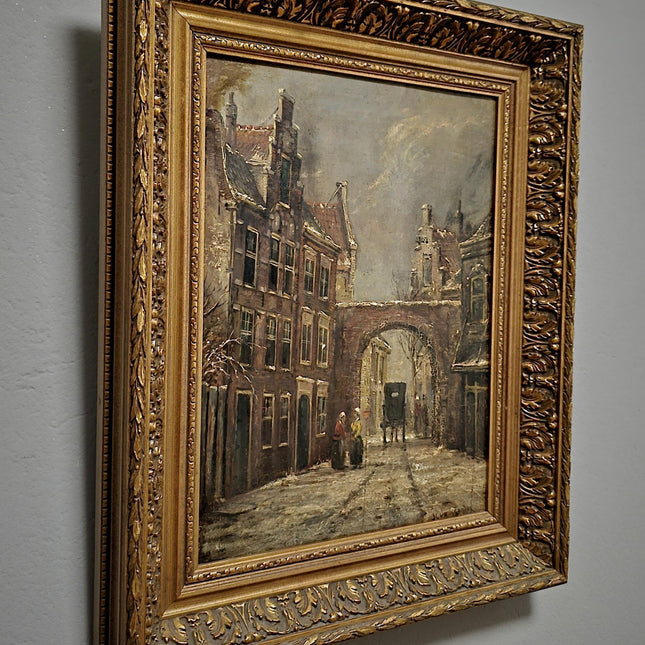 Vintage Dutch Streetscape Oil Painting, Signed Gold Framed Original Artwork, Cottagecore Decor, Home Wall Art, Collectible Fine Landscape