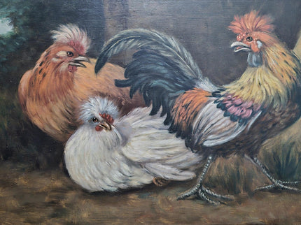 Large Antique Dutch Chicken Oil Painting, Rural Farm Animal Life Artwork, Original Hand-Painted Wall Art, Framed Rustic Kitchen Decor