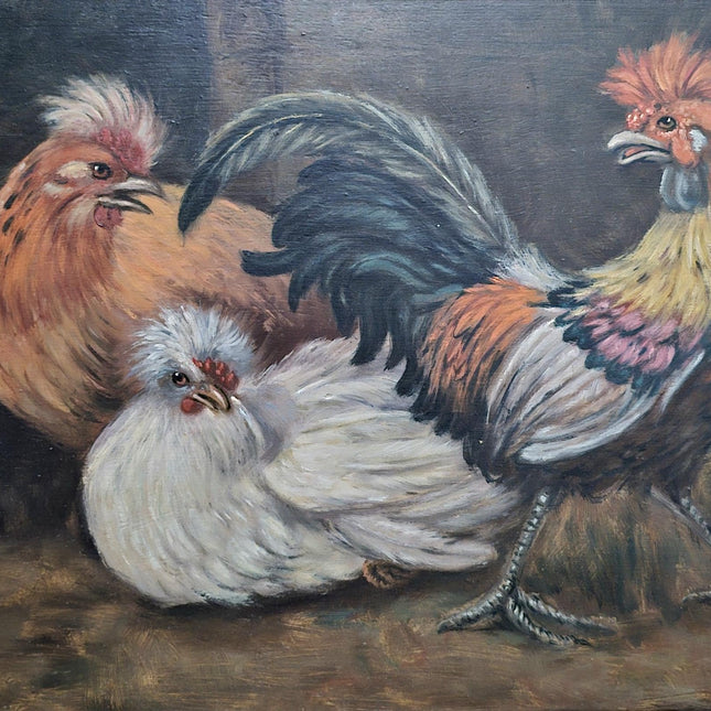 Large Antique Dutch Chicken Oil Painting, Rural Farm Animal Life Artwork, Original Hand-Painted Wall Art, Framed Rustic Kitchen Decor