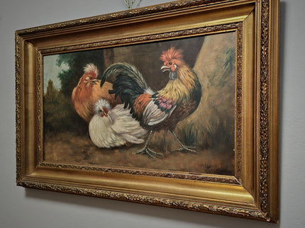 Large Antique Dutch Chicken Oil Painting, Rural Farm Animal Life Artwork, Original Hand-Painted Wall Art, Framed Rustic Kitchen Decor