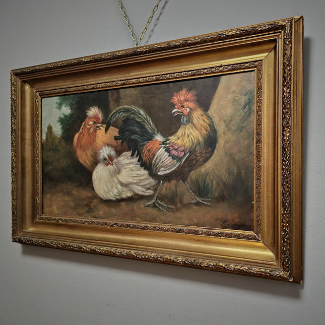 Large Antique Dutch Chicken Oil Painting, Rural Farm Animal Life Artwork, Original Hand-Painted Wall Art, Framed Rustic Kitchen Decor
