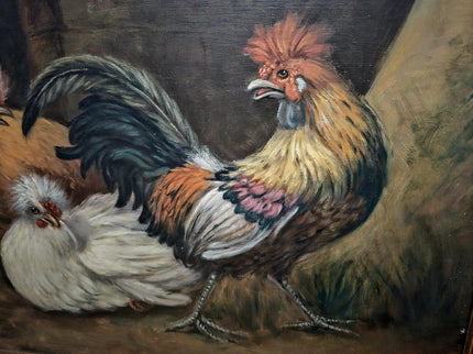 Large Antique Dutch Chicken Oil Painting, Rural Farm Animal Life Artwork, Original Hand-Painted Wall Art, Framed Rustic Kitchen Decor