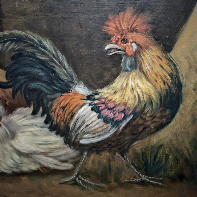 Large Antique Dutch Chicken Oil Painting, Rural Farm Animal Life Artwork, Original Hand-Painted Wall Art, Framed Rustic Kitchen Decor
