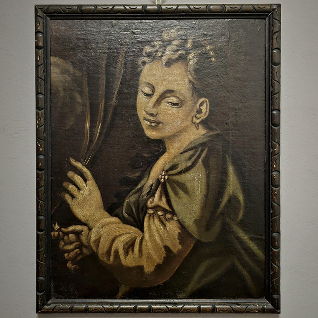 Antique Italian Oil Portrait Painting, Framed Young Woman Wall Art, Old Master Style