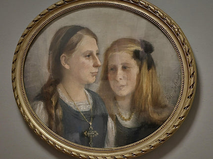 Antique French Pastel Portrait, Sisters, Belle Epoque, Framed Oval Art