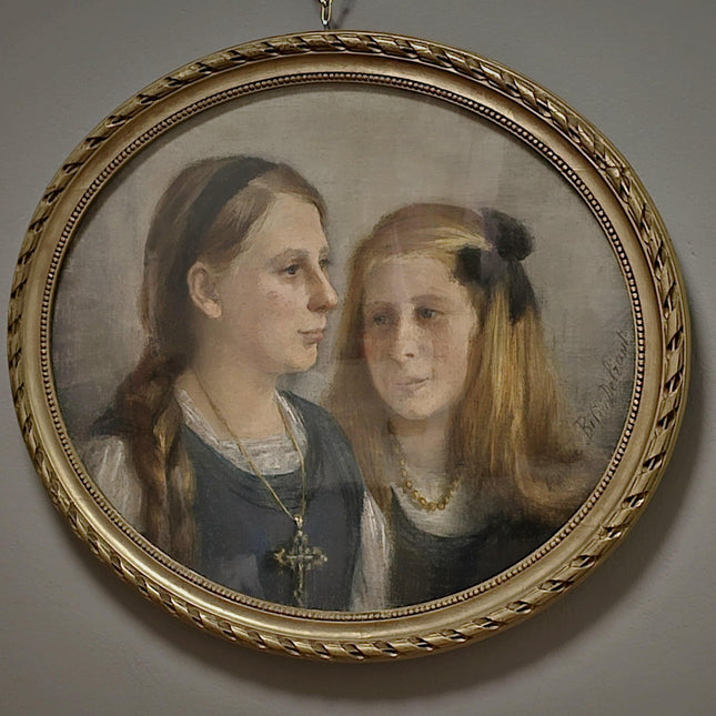 Antique French Pastel Portrait, Sisters, Belle Epoque, Framed Oval Art