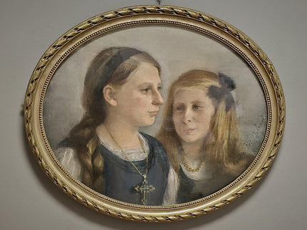 Antique French Pastel Portrait, Sisters, Belle Epoque, Framed Oval Art