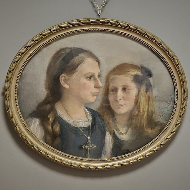 Antique French Pastel Portrait, Sisters, Belle Epoque, Framed Oval Art