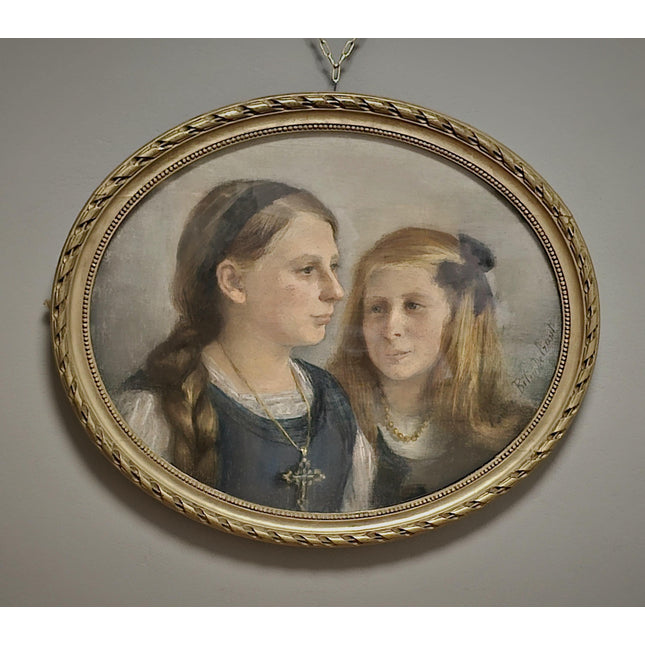 Antique French Pastel Portrait, Sisters, Belle Epoque, Framed Oval Art