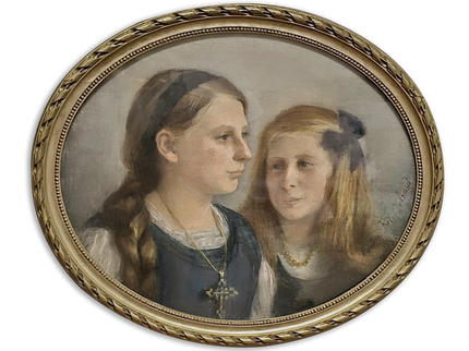 Antique French Pastel Portrait, Sisters, Belle Epoque, Framed Oval Art