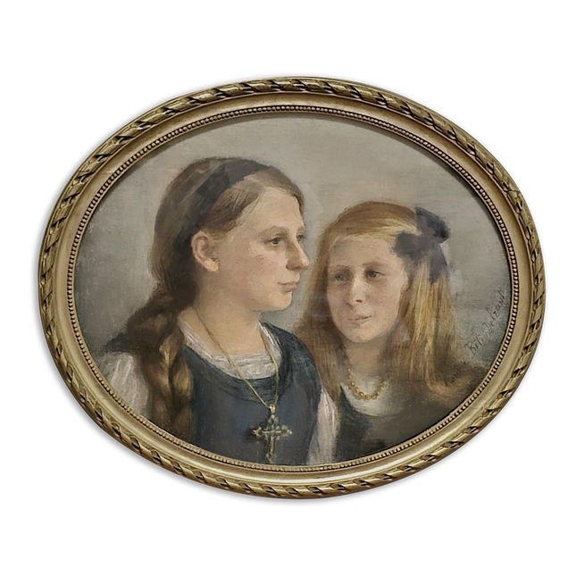 Antique French Pastel Portrait, Sisters, Belle Epoque, Framed Oval Art