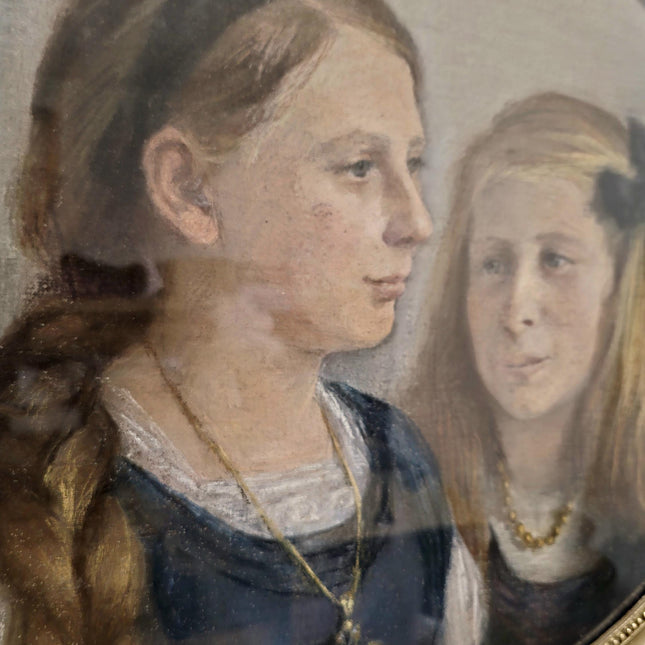 Antique French Pastel Portrait, Sisters, Belle Epoque, Framed Oval Art