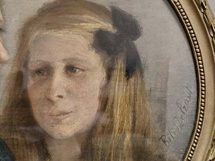 Antique French Pastel Portrait, Sisters, Belle Epoque, Framed Oval Art