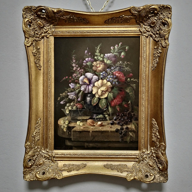 Vintage Dutch Floral Fruit Still Life Oil Painting, Original Gold Framed Artwork, Cottagecore Decor, Dark Academia, Collectible Fine Art
