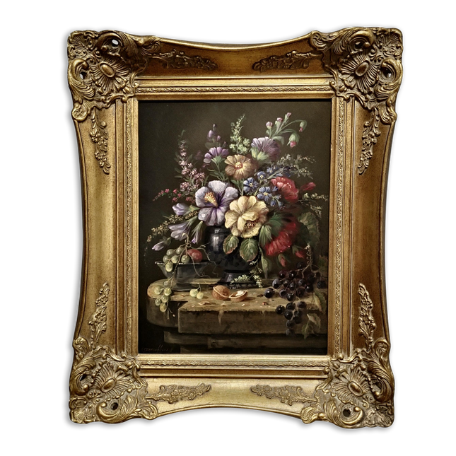 Vintage Dutch Floral Fruit Still Life Oil Painting, Original Gold Framed Artwork, Cottagecore Decor, Dark Academia, Collectible Fine Art