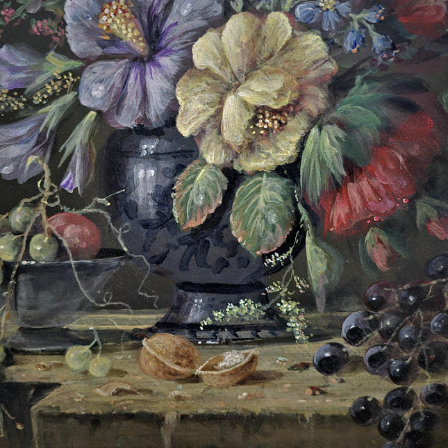 Vintage Dutch Floral Fruit Still Life Oil Painting, Original Gold Framed Artwork, Cottagecore Decor, Dark Academia, Collectible Fine Art